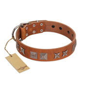 "Antique Figures" FDT Artisan Tan Leather German Shepherd Collar with Silver-like Engraved Plates