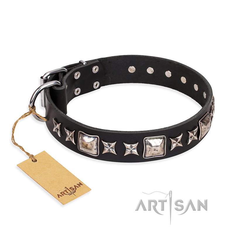 'Space Walk' FDT Artisan Black Leather GSD Collar with Adornments