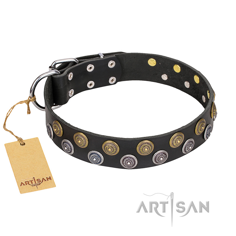 "Romantic Breeze" FDT Artisan Black Leather German Shepherd Collar with Sparkling Circles