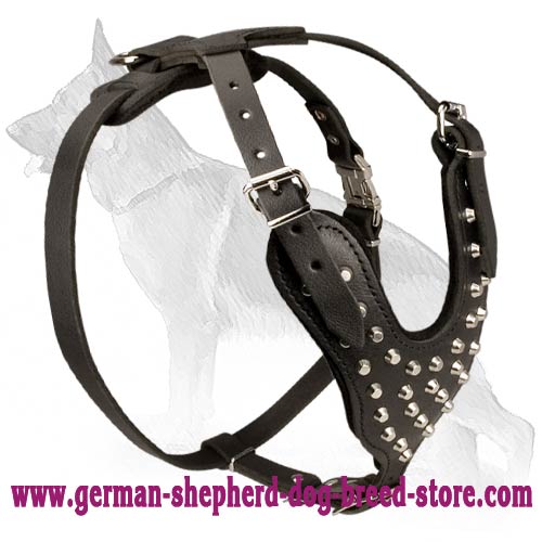 German Shepherd Studded Leather Dog Harness with Cones