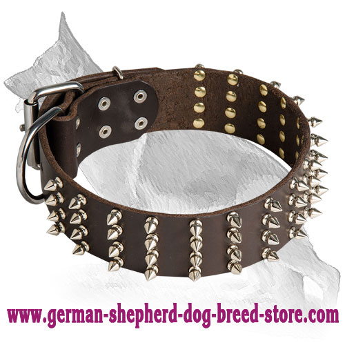 German Shepherd Leather Dog Collar Spiked 4 Rows
