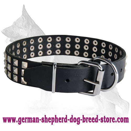 Wide Leather German Shepherd Collar with 3 Rows of Nickel Plated Pyramids - Click Image to Close