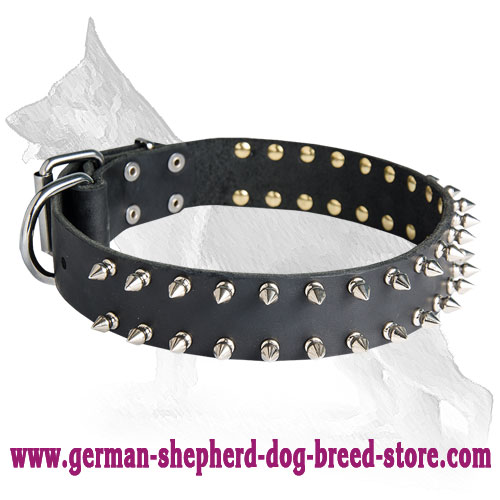German Shepherd Leather Dog Collar Spikes 2 Rows