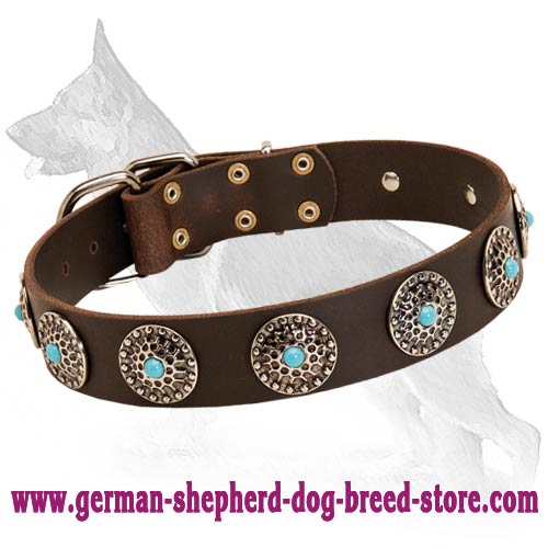 Leather Dog Collar with Silver Plated Circles Blue Stones
