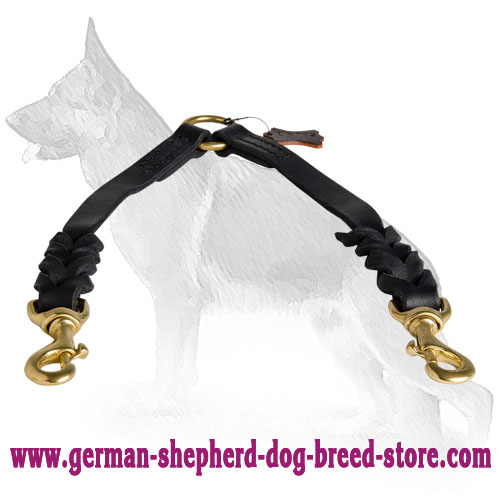 Braided Leather German Shepherd Coupler Leash for Walking 2 Dogs - Length 12 Inch