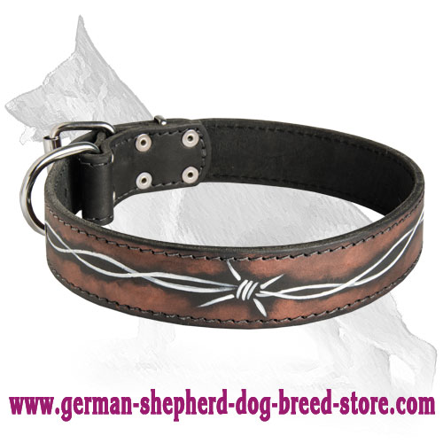 German Shepherd Leather Dog Collar Handpainted Barbed Wire