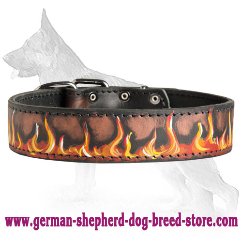 German Shepherd Leather Dog Collar Handpainted Flames