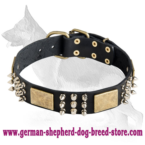 German Shepherd Leather Dog Collar Brass Plates 6 Spikes 3 Pyramids