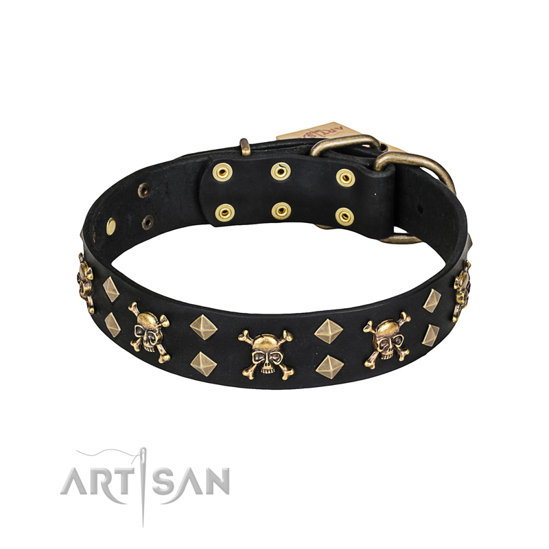 'Jolly Rojer' FDT Artisan German Shepherd Leather Dog Collar with Pirate Skulls and Studs - 1 1/2 inch (40 mm) wide