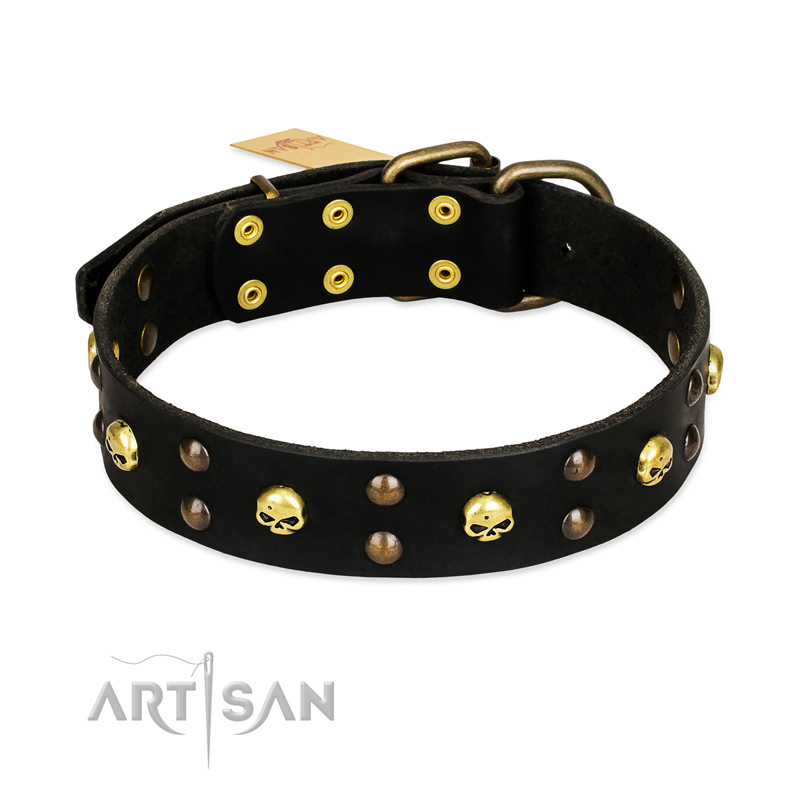 FDT Artisan 'Heavy Metal' Decorated Leather German Shepherd Collar with Skulls and Studs 1 1/2 inch (40 mm)
