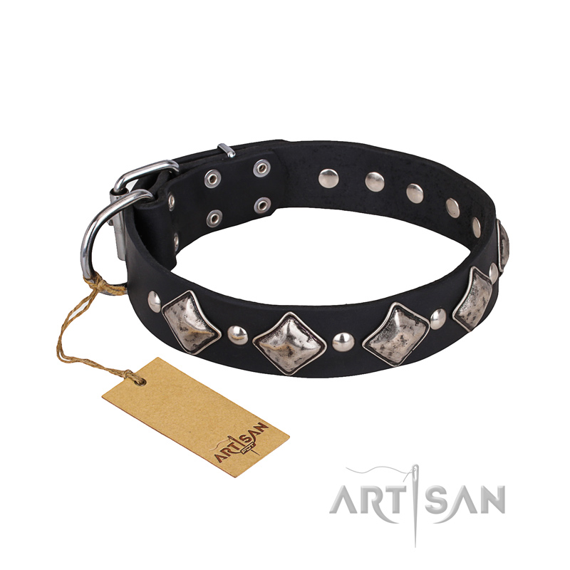 'Silver Charm' FDT Artisan Genuine Leather Collar for German Shepherd with Studs and Plates