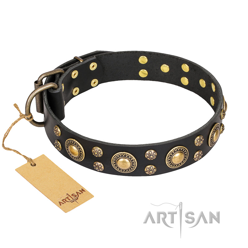 'Baroque Chic' FDT Artisan Studded Black Leather German Shepherd Dog Collar - Click Image to Close