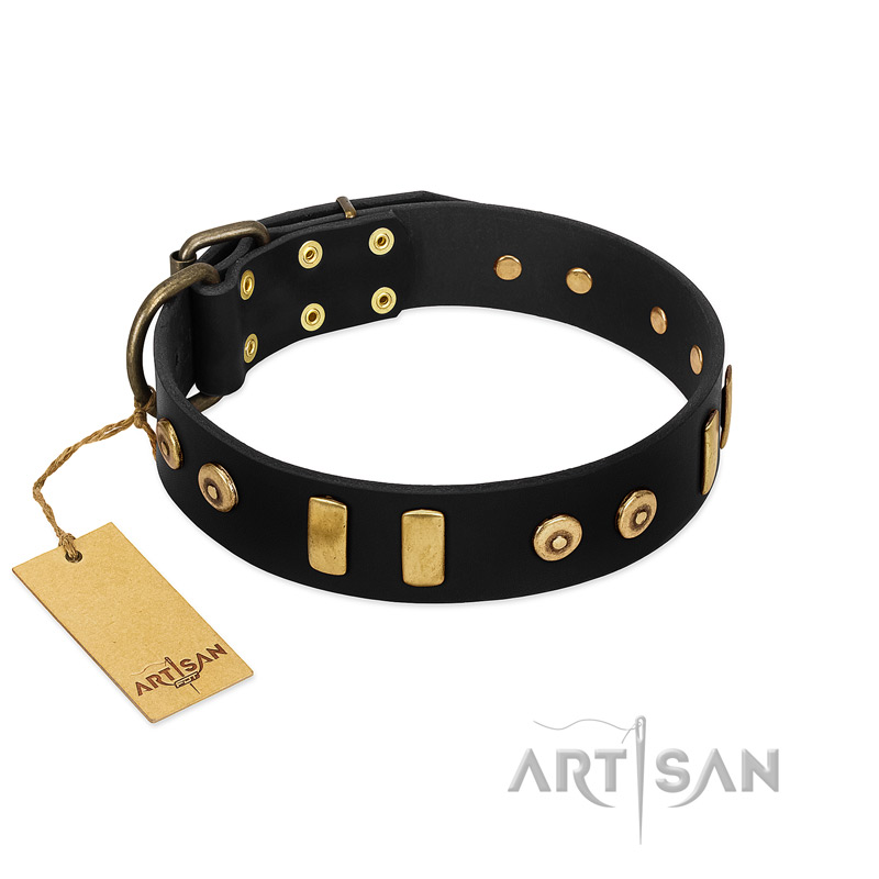 "Rare Dog" FDT Artisan Black Leather German Shepherd Collar with Old Bronze-like Dotted Studs and Tiles - Click Image to Close