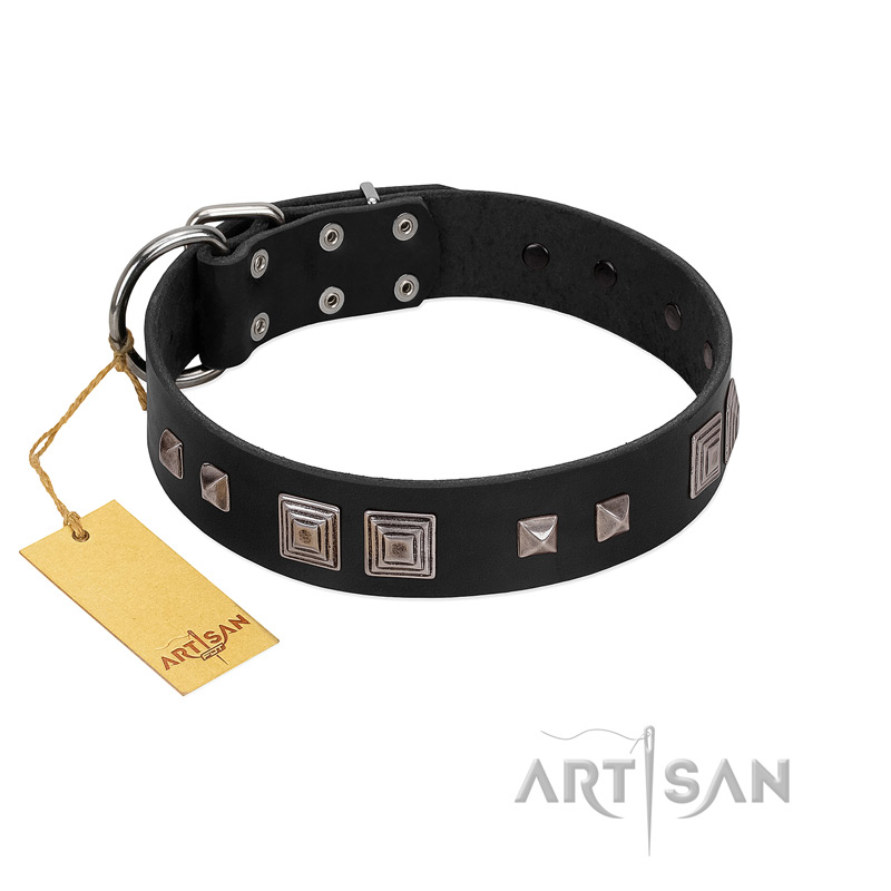 "Foregone Riches" FDT Artisan Black Leather German Shepherd Collar with Old Silver-like Square Studs and Pyramids
