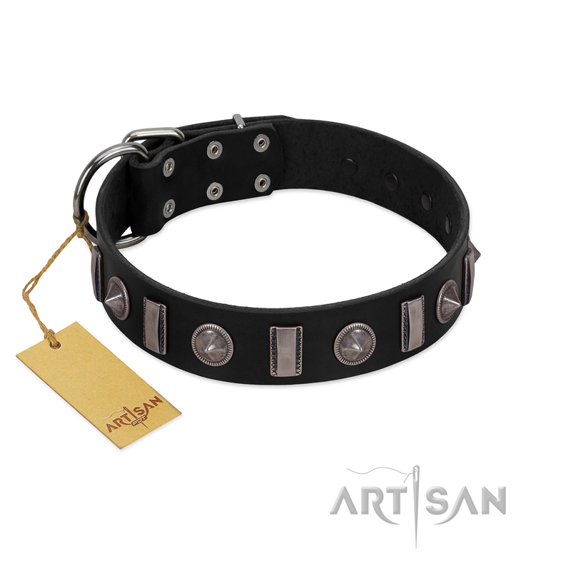 "Silver Spikes" Exclusive FDT Artisan Black Leather German Shepherd Collar