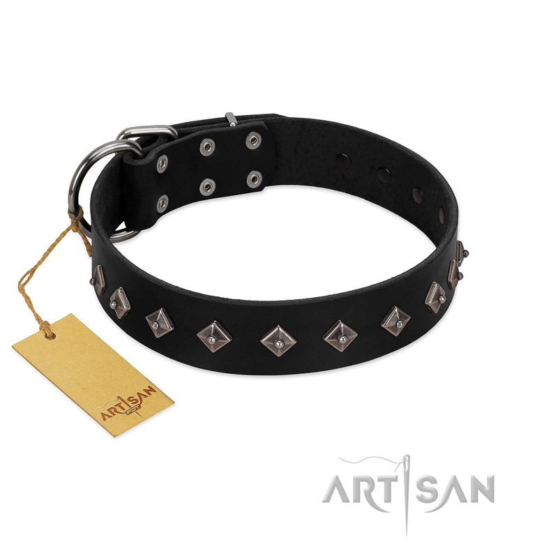 "Immense Power" Handcrafted FDT Artisan Black Leather German Shepherd Collar with Small Dotted Pyramids