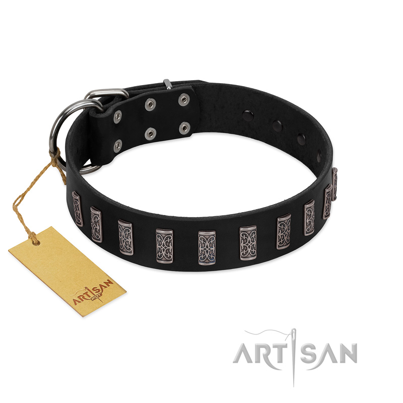 "Black Prince" Handmade FDT Artisan Black Leather German Shepherd Collar with Silver-Like Adornments