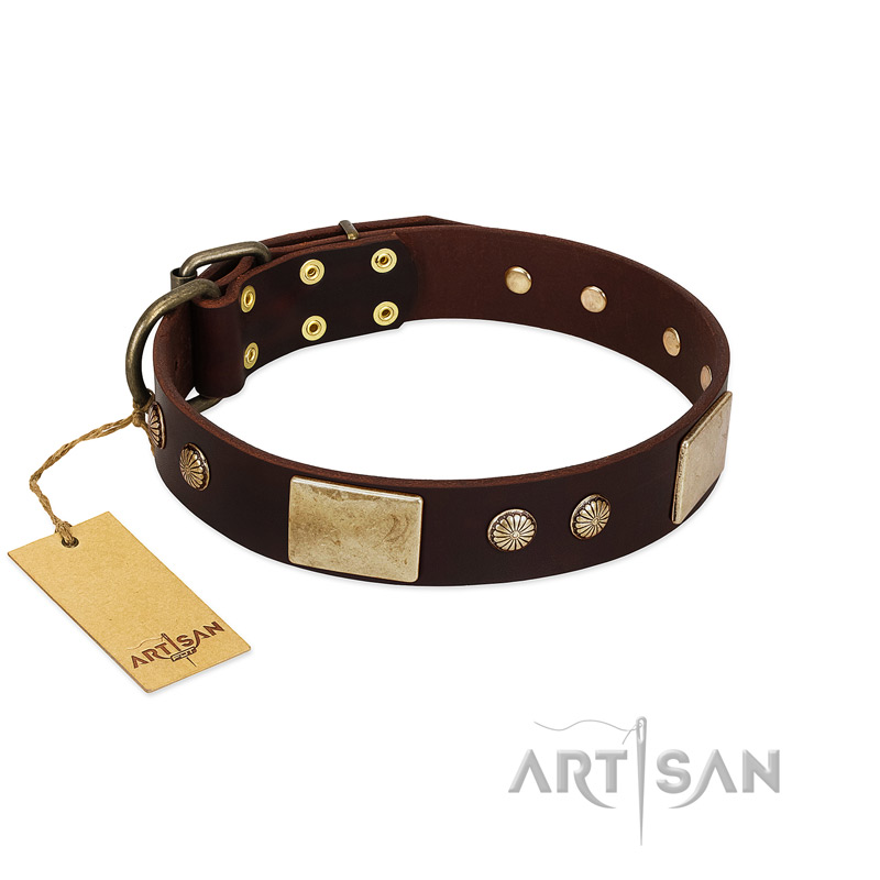 "Middle Age" FDT Artisan Brown Leather German Shepherd Collar with Old Bronze-Plated Engraved Flowers and Large Plates