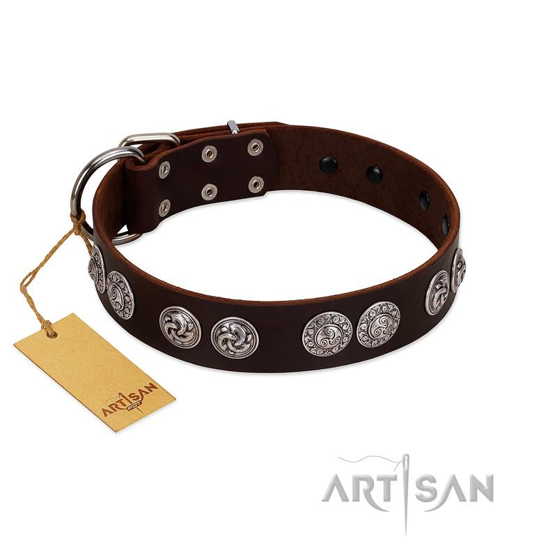 "High and Mighty" FDT Artisan Classy Brown Leather German Shepherd Collar with Embellished Brooches