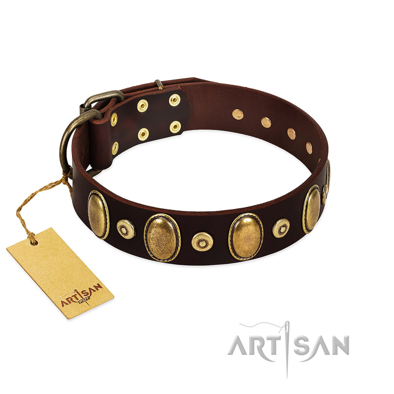 "Retro Pusle" FDT Artisan Brown Leather German Shepherd Collar with Old Bronze-like Studs and Oval Brooches