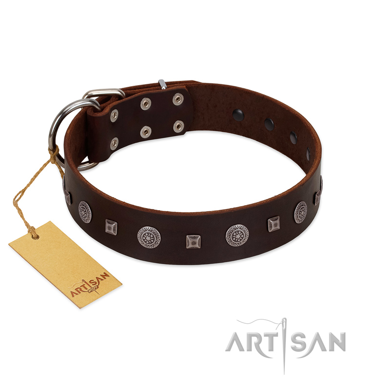 "Pure Sensation" Exclusive FDT Artisan Brown Leather German Shepherd Collar with Fancy Brooches and Studs - Click Image to Close