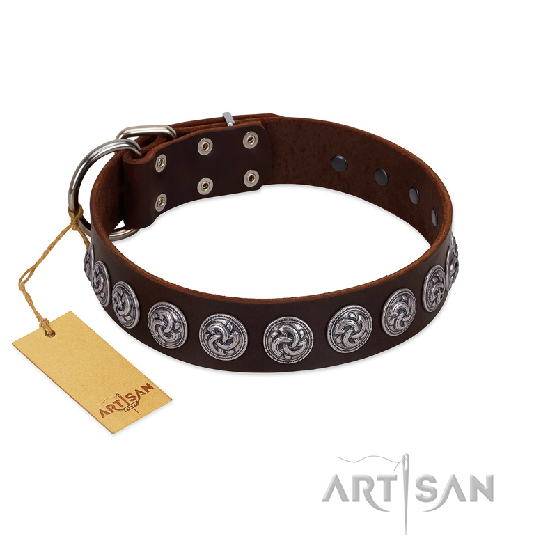 "Charming Circles" FDT Artisan Brown Leather German Shepherd Collar with Silver-like Studs