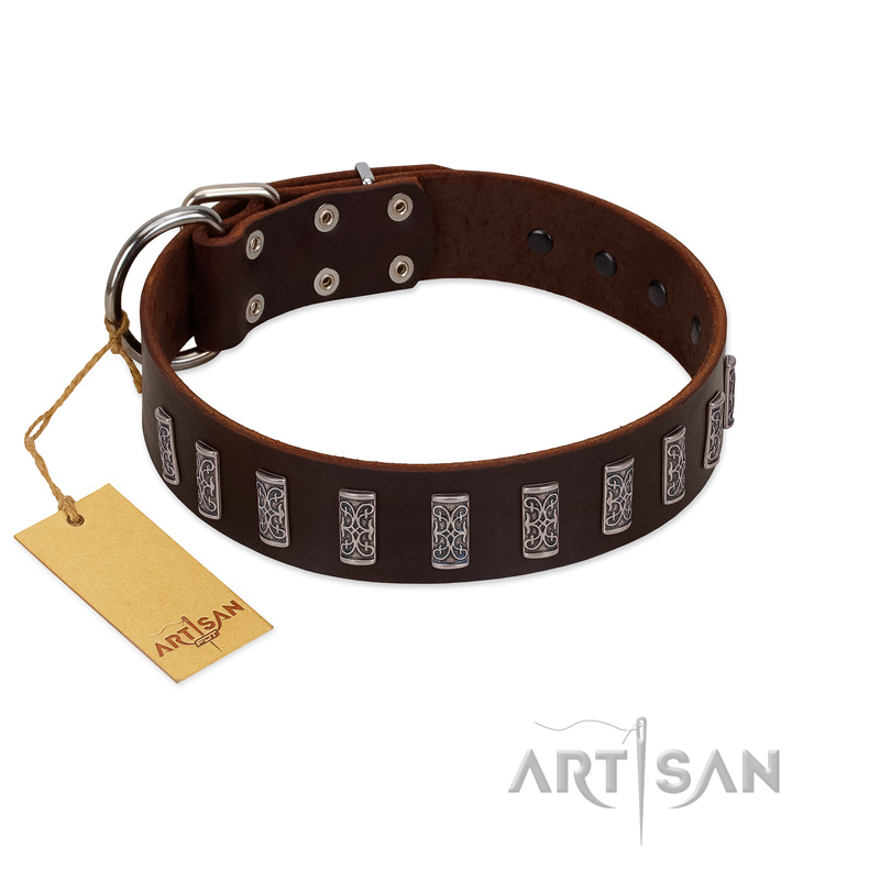 "Brown Lace" Handmade FDT Artisan Brown Leather German Shepherd Collar for Everyday Walks