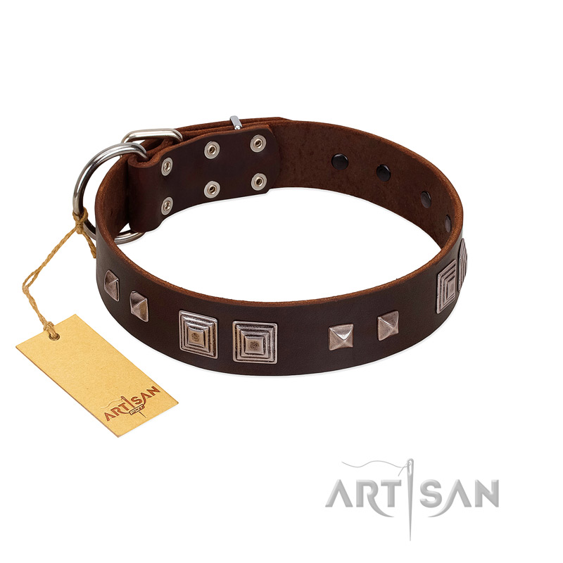 "Object of Virtu" FDT Artisan Brown Leather German Shepherd Collar with Old Silver-like Square Studs and Pyramids
