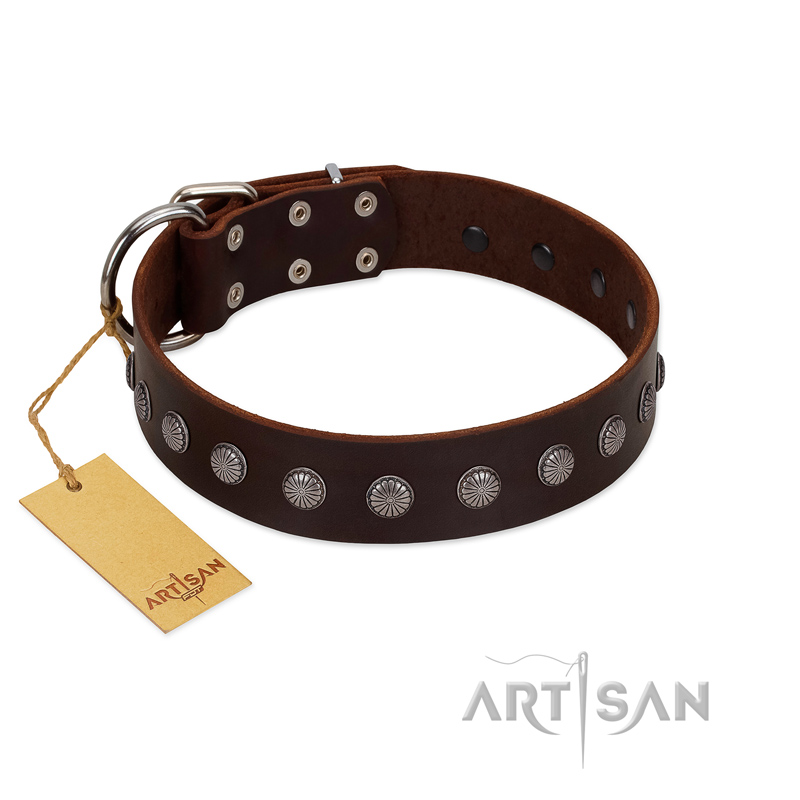 "Spring Flower" Stylish FDT Artisan Brown Leather German Shepherd Collar for Comfy Walks