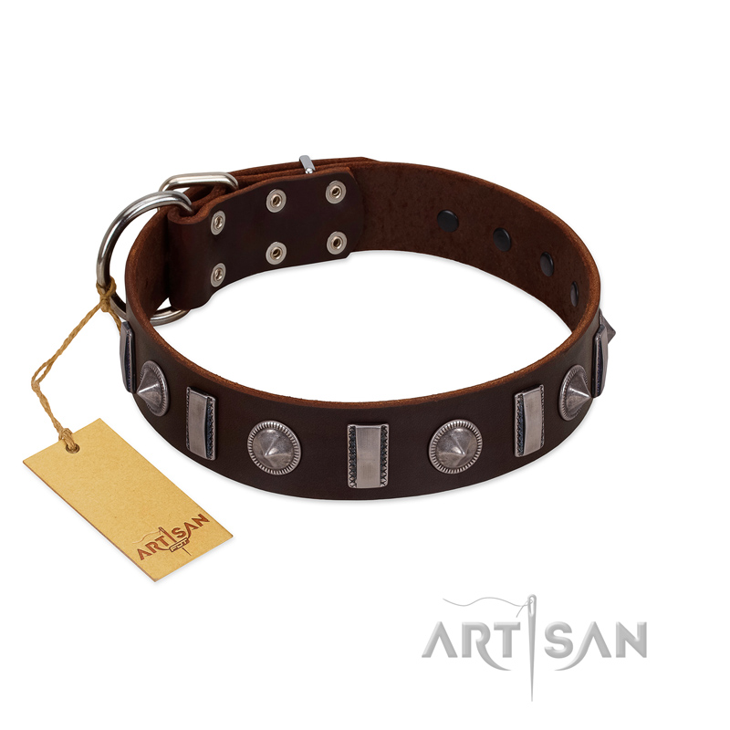 "Spiky Way" FDT Artisan Brown Leather German Shepherd Collar with Silver-Like Decorations