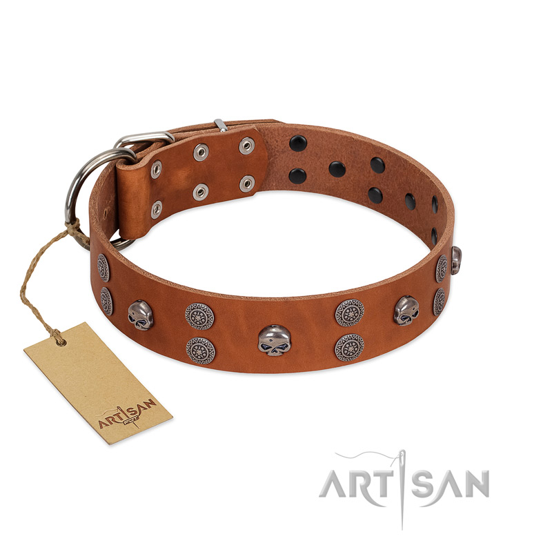 "Road Rider" FDT Artisan Tan Leather German Shepherd Collar with Old Silver-like Skulls and Medallions