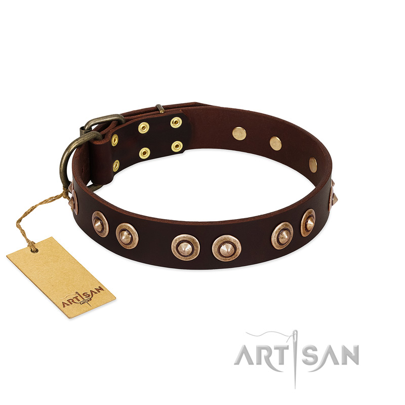 "Woofy Art" FDT Artisan Brown Leather German Shepherd Collar Adorned with Old Bronze-like Studs - Click Image to Close