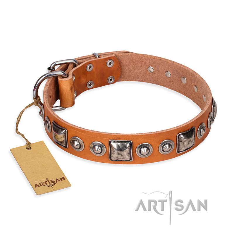 "Era of Future" FDT Artisan Handcrafted Tan Leather German Shepherd Collar with Decorations - Click Image to Close