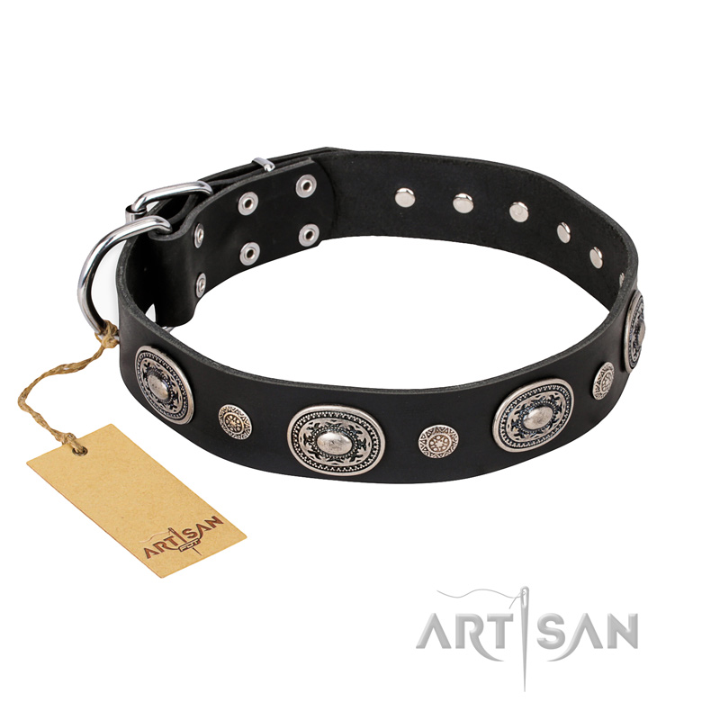 "Black Tie" FDT Artisan Leather German Shepherd Collar with Old Silver-like Decorations