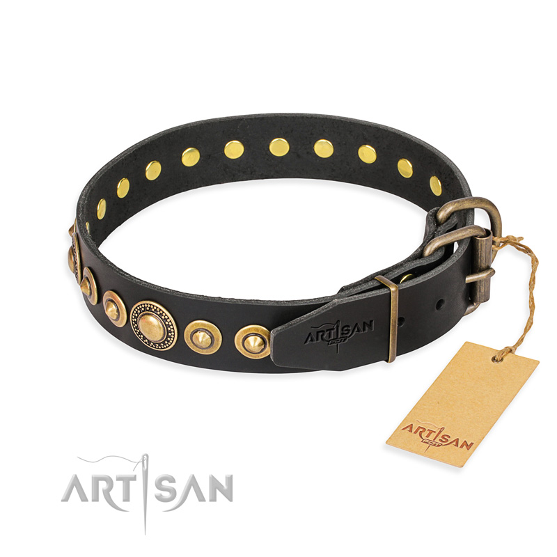 "Gold Mine" FDT Artisan Black Leather German Shepherd Collar with Amazing Bronze-Plated Round Studs