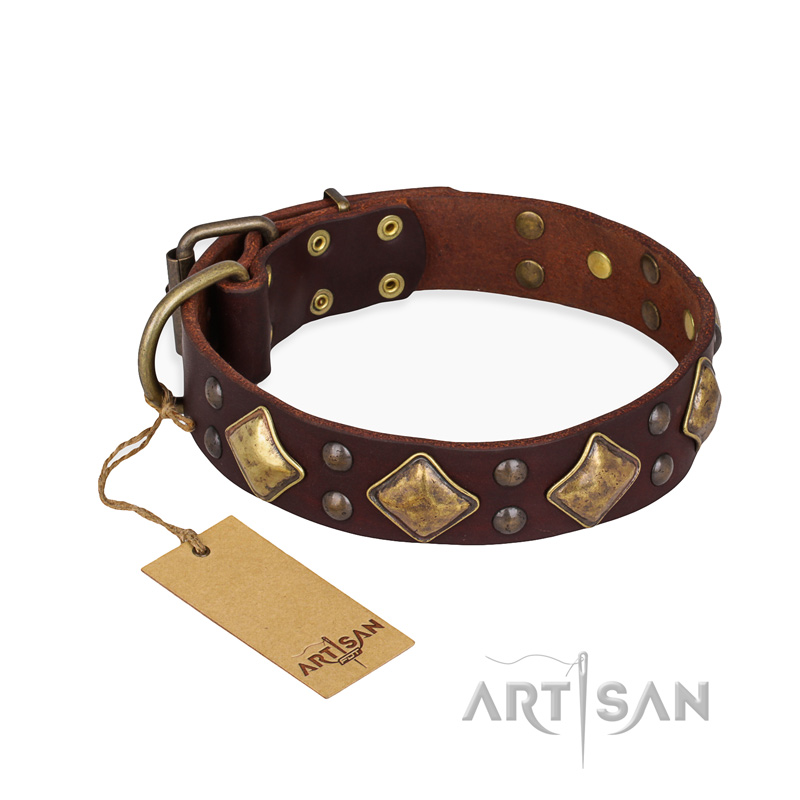 "Golden Square" FDT Artisan Brown Leather German Shepherd Collar with Large Squares - Click Image to Close