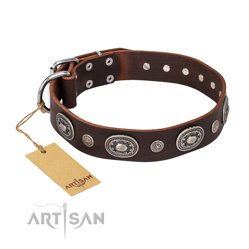 "Extra Pizzazz" FDT Artisan Adorned Brown Leather German Shepherd Collar - Click Image to Close