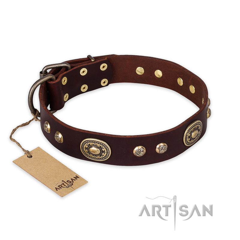 "Breath of Elegance" FDT Artisan Decorated with Plates Brown Leather German Shepherd Collar