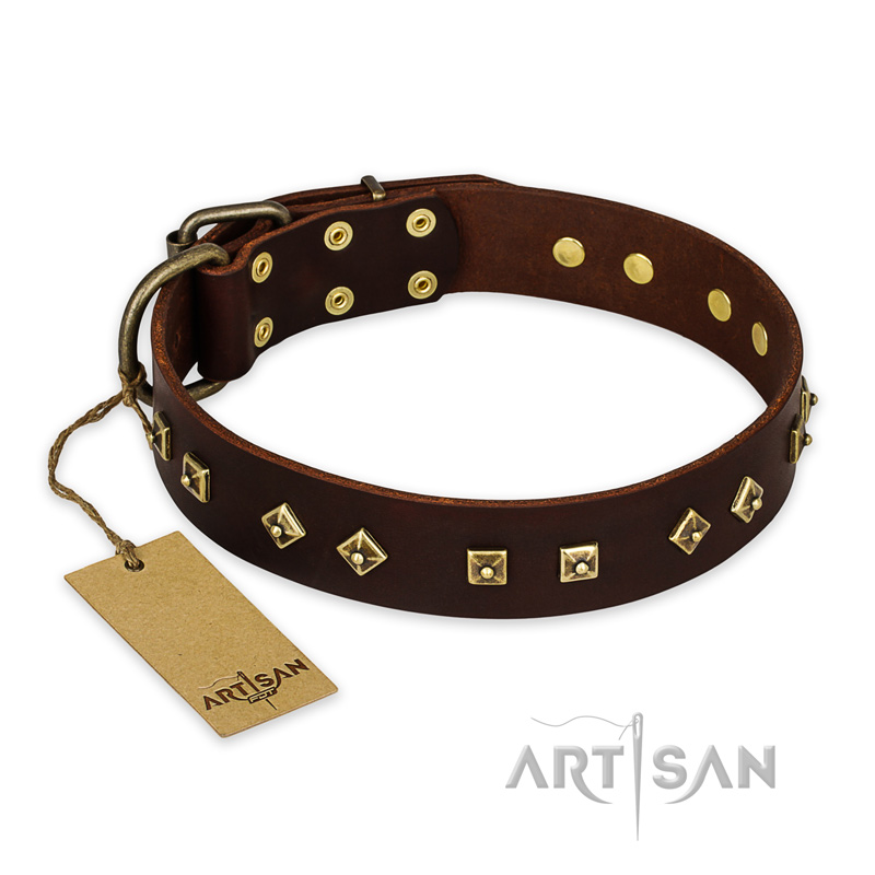 "Fashion Studs" FDT Artisan Decorated Leather German Shepherd Collar with Old Bronze-Plated Steel Hardware