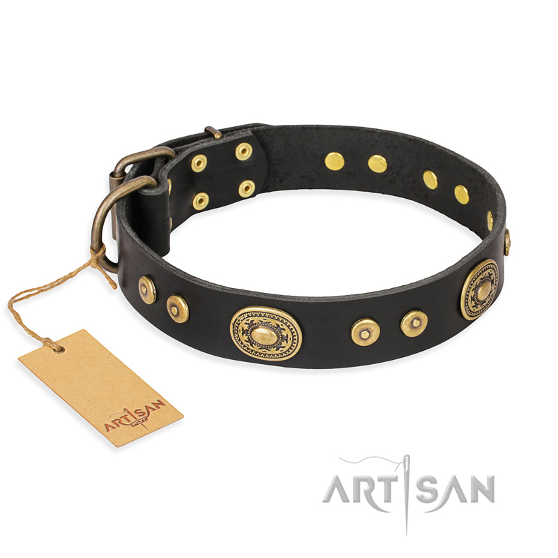 "Golden Radiance" FDT Artisan Black Leather German Shepherd Collar with Old Bronze Look Ovals and Circles - Click Image to Close