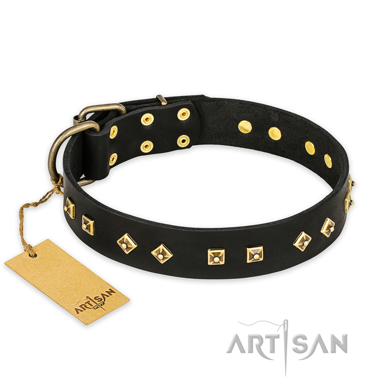 "Rhomb Style" FDT Artisan Decorated Leather German Shepherd Collar with Old Bronze-Plated Studs 1 1/2 inch (40 mm) Wide
