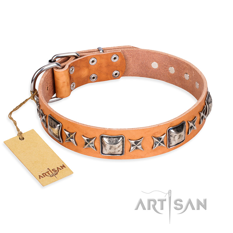"Glamour Finery" FDT Artisan Female German Shepherd collar of natural leather with stylish old-looking circles - Click Image to Close