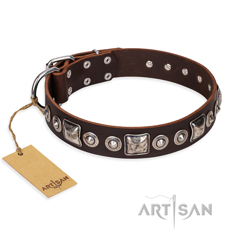 "Pierian spring" FDT Artisan Brown Leather German Shepherd Collar with Silvery Decorations
