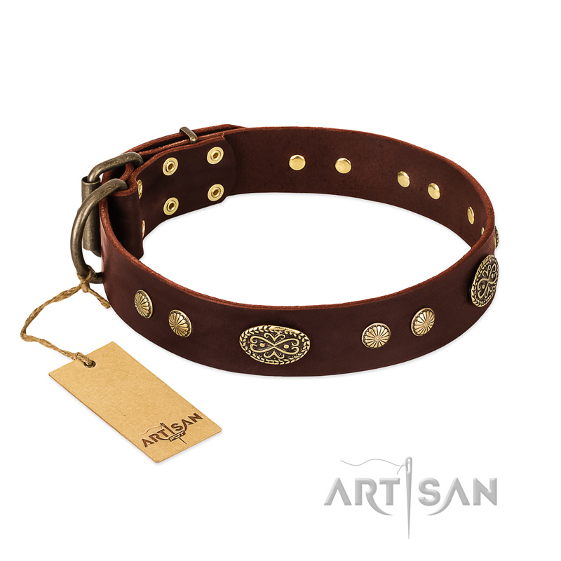 "Old-fashioned Glamor" FDT Artisan Brown Leather German Shepherd Collar with Old Bronze Look Plates and Circles