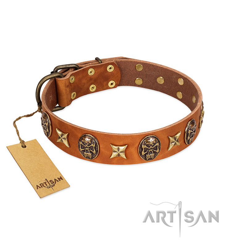 "Rockin' Doggie" FDT Artisan Tan Leather German Shepherd Collar Adorned with Stars and Skulls