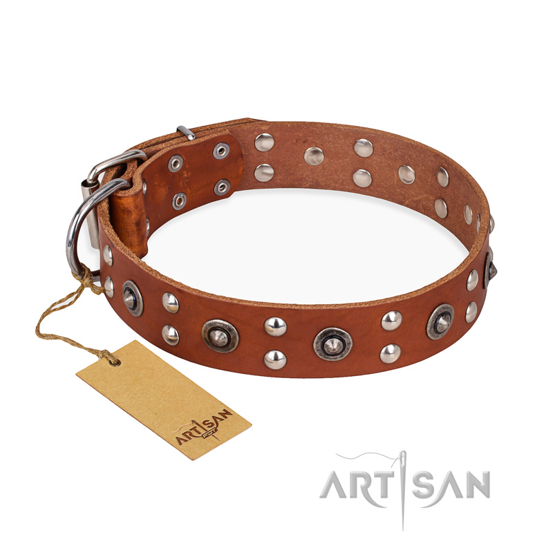 "Silver Elegance" FDT Artisan Decorated Leather German Shepherd Collar with Old Silver-Like Plated Studs and Cones