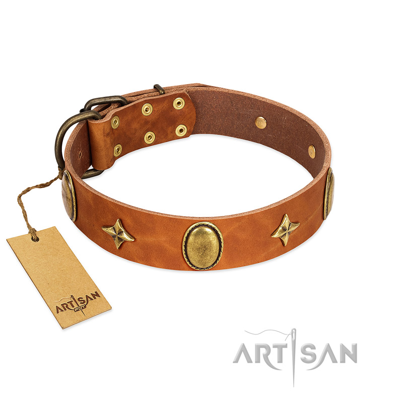 "Space Warrior" FDT Artisan Tan Leather German Shepherd Collar with Ovals and Stars