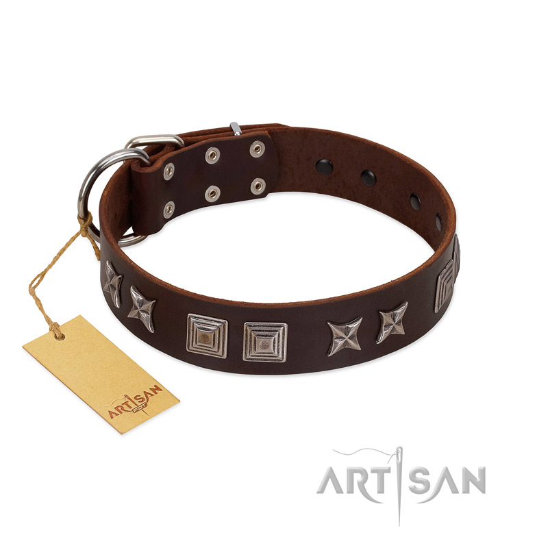 "Needle Stories" Modern FDT Artisan Brown Leather German Shepherd Collar with Square Engraved Plates and Four-Point Stars - Click Image to Close