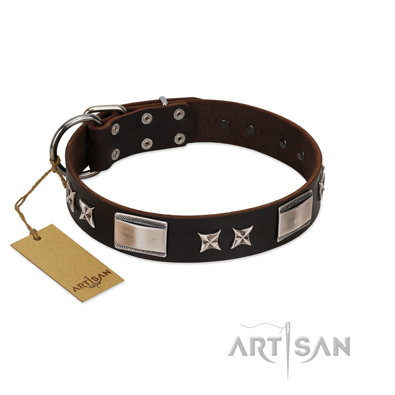 "Satin Beauts" FDT Artisan Brown Leather German Shepherd Collar with Stars and Plates