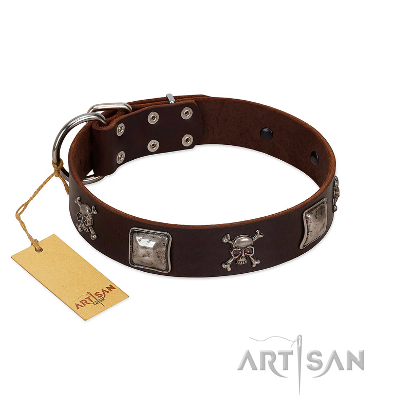 "Nut-Brown Finery" Embellished FDT Artisan Brown Leather German Shepherd Collar with Chrome Plated Crossbones and Plates